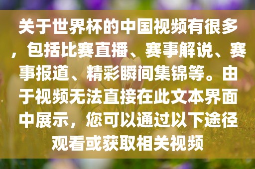 关于世界杯的中国视频有很多，包括比赛直播、赛事解说、赛事报道、精彩瞬间集锦等。由于视频无法直接在此文本界面中展示，您可以通过以下途径观看或获取相关视频