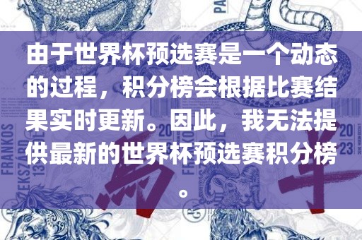 由于世界杯预选赛是一个动态的过程，积分榜会根据比赛结果实时更新。因此，我无法提供最新的世界杯预选赛积分榜。