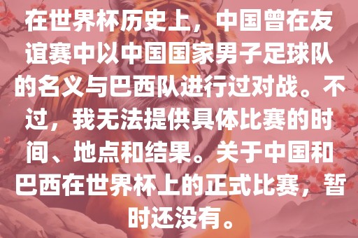 在世界杯历史上，中国曾在友谊赛中以中国国家男子足球队的名义与巴西队进行过对战。不过，我无法提供具体比赛的时间、地点和结果。关于中国和巴西在世界杯上的正式比赛眉山市正发家政服务有限公司，暂时还没有。