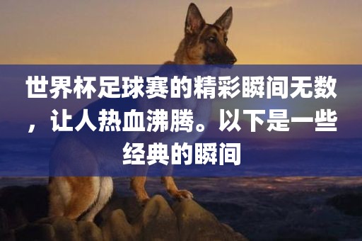世界杯足球赛的精彩瞬间无数，让人热血沸腾。以下是一些经典的瞬间