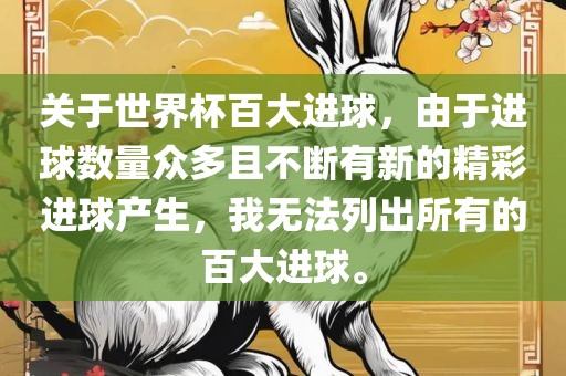 关于世界杯百大进球，由于进球数量众多且不断有新的精彩进球产生，我无法列出所有的百大进球。