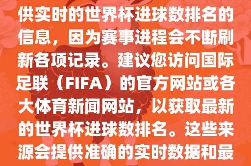 根据我所掌握的知识，无法提供实时的世界杯进球数排名的信息，因为赛事进程会不断刷新各项记录。建议您访问国际足联（FIFA）的官方网站或各大体育新闻网站，以获取最新的世界杯进球数排名。这些来源会提供准确的实时数据和最新的比赛信息。