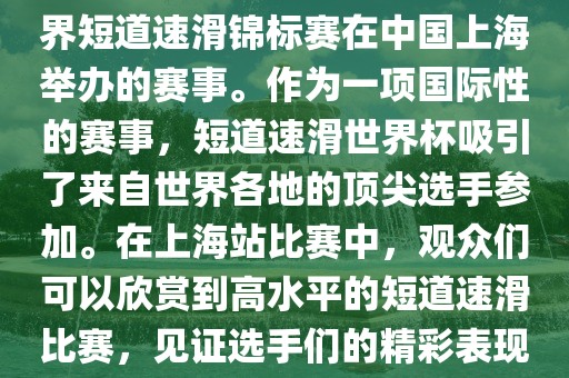 短道速滑世界杯上海站是指世界短道速滑锦标赛在中国上海举办的赛事。作为一项国际性的赛事，短道速滑世界杯吸引了来自世界各地的顶尖选手参加。在上海站比赛中，观众们可以欣赏到高水平的短道速滑比赛，见证选手们的精彩表现和激烈竞争。