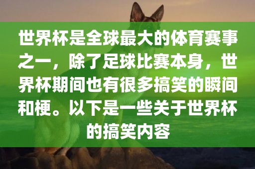 世界杯是全球最大的体育赛事之一，除了足球比赛本身，世界杯期间也有很多搞笑的瞬间和梗。以下是一些关于世界杯的搞笑内容