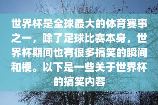 世界杯是全球最大的体育赛事之一，除了足球比赛本身，世界杯期间也有很多搞笑的瞬间和梗。以下是一些关于世界杯的搞笑内容
