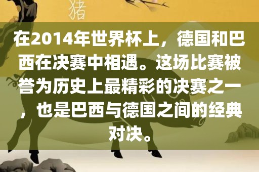 在2014年世界杯上，德国和巴西在决赛中相遇。这场比赛被誉为历史上最精眉山市正发家政服务有限公司彩的决赛之一，也是巴西与德国之间的经典对决。