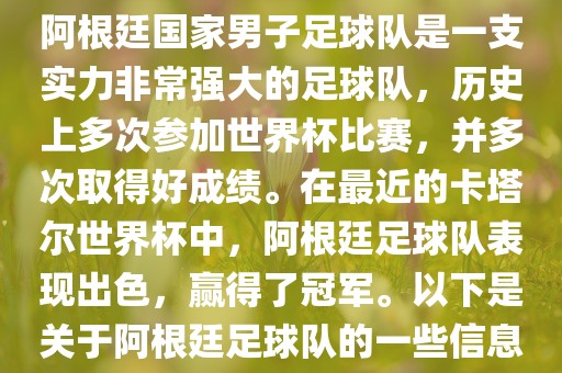 阿根廷国家男子足球队是一支实力非常强大的足球队，历史上多次参加世界杯比赛，并多次取得好成绩。在最近的卡塔尔世界杯中，阿根廷足球队表现出色，赢得了冠军。以下是关于阿根廷足球队的一些信息