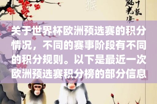 关于世界杯欧洲预选赛的积分情况，不同的赛事阶段有不同的积分规则。以下是最近一次欧洲预选赛积分榜的部分信息