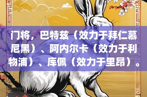 门将，巴特兹（效力于拜仁慕尼黑）、阿内尔卡（效力于利物浦）、库佩（效力于里昂）。
