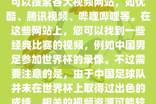 关于中国足球世界杯的视频，您可以搜索各大视频网站，如优酷、腾讯视频、哔哩哔哩等。在这些网站上，您可以找到一些经典比赛的视频，例如中国男足参加世界杯的录像。不过需要注意的是，由于中国足球队并未在世界杯上取得过出色的成绩，相关的视频资源可能较少。
