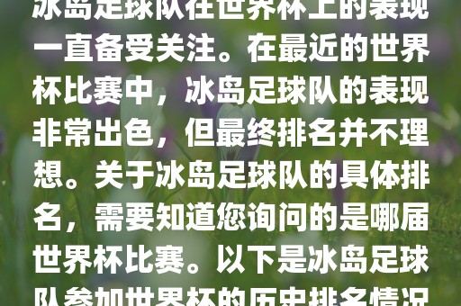 冰岛足球队在世界杯上的表现一直备受关注。在最近的世界杯比赛中，冰岛足球队的表现非常出色，但最终排名并不理想。关于冰岛足球队的具体排名，需要知道您询问的是哪届世界杯比赛。以下是冰岛足球队参加世界杯的历史排名情况