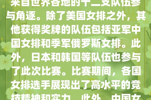 在2013年举办的女排世界杯中，最终夺冠的是美国女排。这届世界杯在意大利举行，共有来自世界各地的十二支队伍参与角逐。除了美国女排之外，其他获得奖牌的队伍包括亚军中国女排和季军俄罗斯女排。此外，日本和韩国等队伍也参与了此次比赛。比赛期间，各国女排选手展现出了高水平的竞技精神和实力。此外，中国女排在这次比赛中也取得了不错的成绩眉山市正发家政服务有限公司，为球迷带来了精彩的比赛体验。