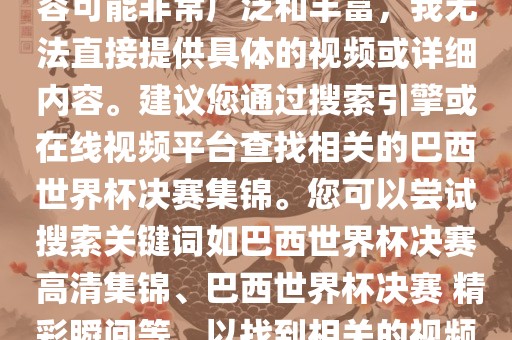 由于巴西世界杯决赛集锦的内容可能非常广泛和丰富，我无法直接提供具体的视频或详细内容。建议您通过搜索引擎或在线视频平台查找相关的巴西世界杯决赛集锦。您可以尝试搜索关键词如巴西世界杯决赛 高清集锦、巴西世界杯决赛 精彩瞬间等，以找到相关的视频和报道。