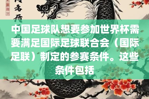 中国足球队想要参加世界杯需要满足国际足球联合会（国际足联）制定的参赛条件。这些条件包括