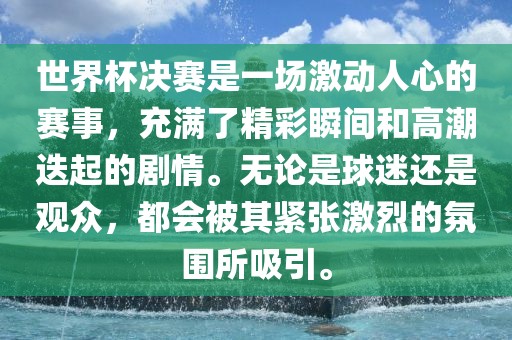 世界杯决赛是一场激动人心的赛事，充满了精彩瞬间和高潮迭起的剧情。无论是球迷还是观众，都会被其紧张激烈的氛围所吸引。眉山市正发家政服务有限公司
